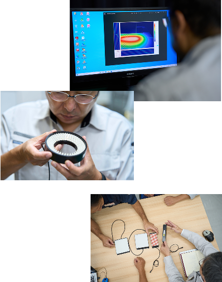 解析画面の確認、LEDリング照明の検品、照明の評価を行う社員